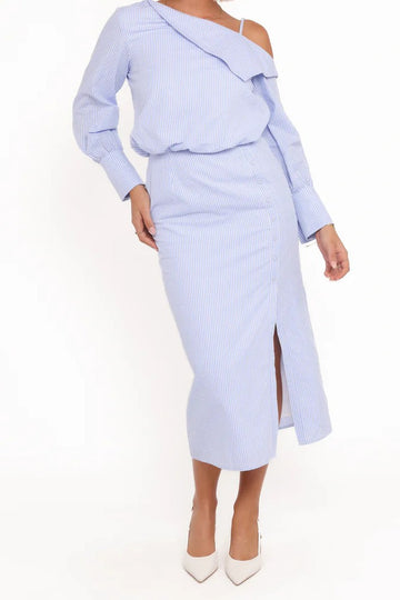 Blue & White Stripe Off-Shoulder Dress