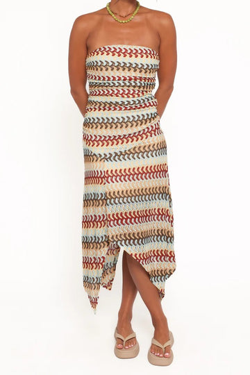 Multicolor Wave Print Strapless Asymmetrical Midi Dress