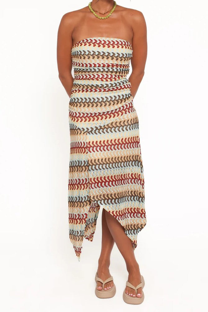 Multicolor Wave Print Strapless Asymmetrical Midi Dress