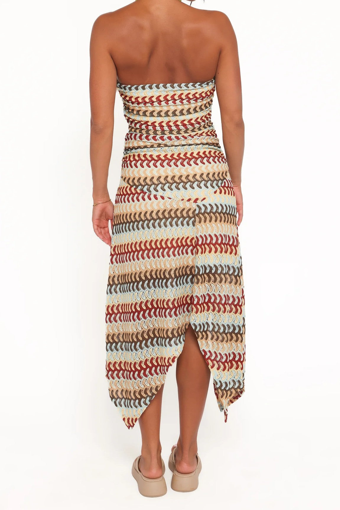 Multicolor Wave Print Strapless Asymmetrical Midi Dress