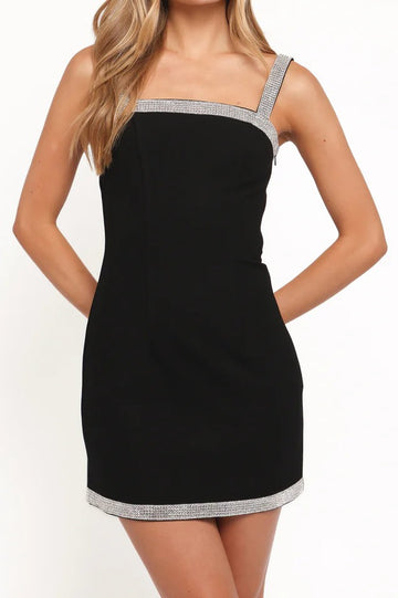 Black Rhinestone-Trimmed One-Shoulder Mini Dress