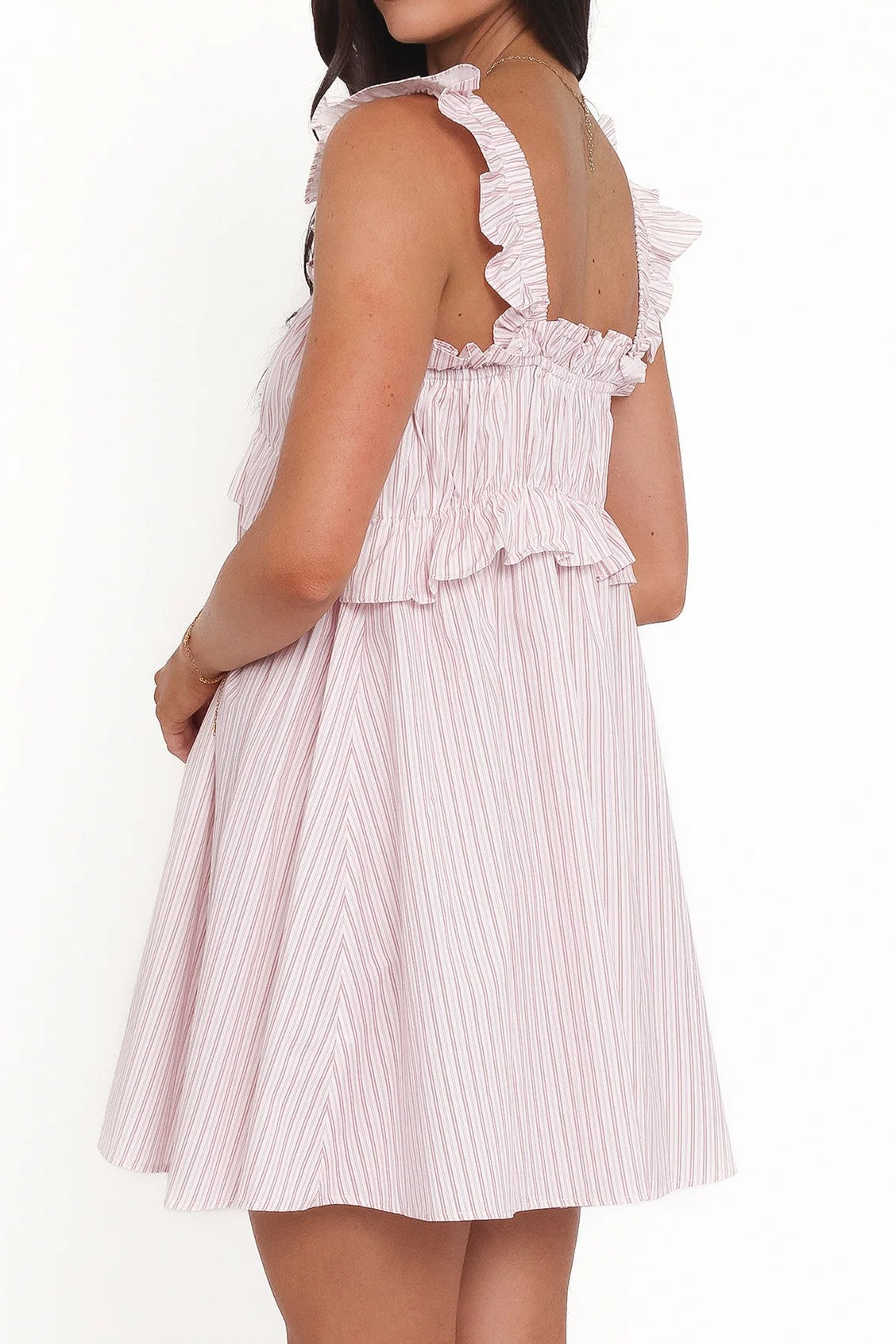 Ruffled Square Neck Striped Mini Dress