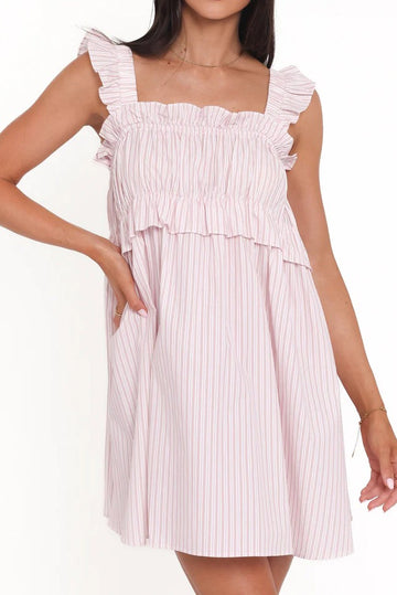 Ruffled Square Neck Striped Mini Dress